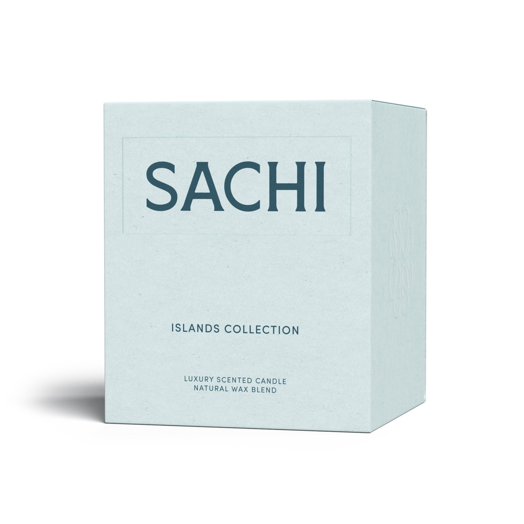 A gift box for a candle with the Islands Collection written on it. The box is a soft, pastel mint colour on a white background.