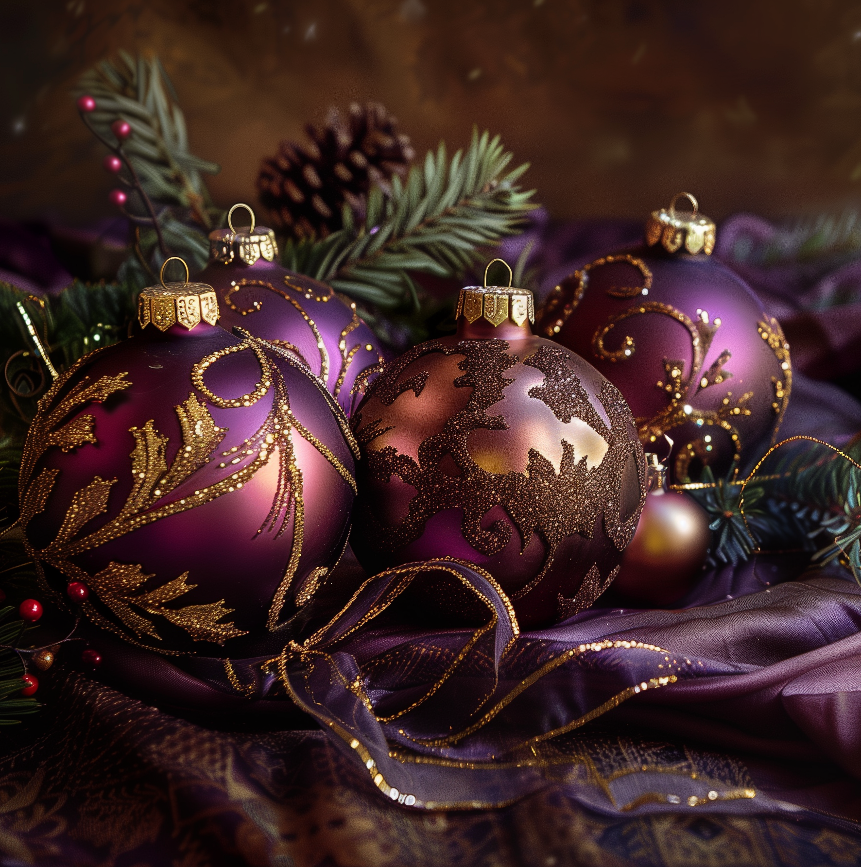 Decorative purple and gold Christmas ornaments on a dark background