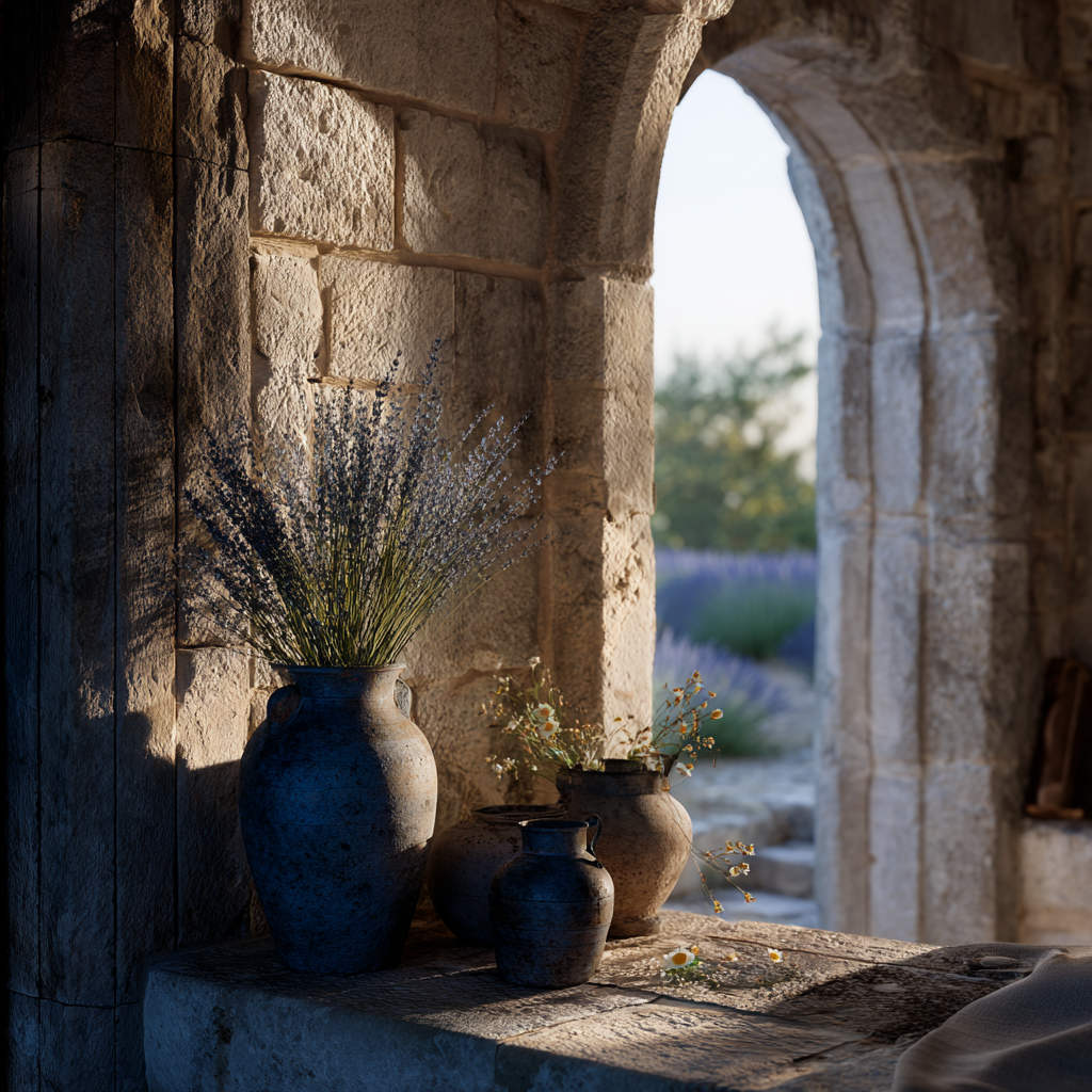 Decorative vases with lavender plants against a stone wall and archway