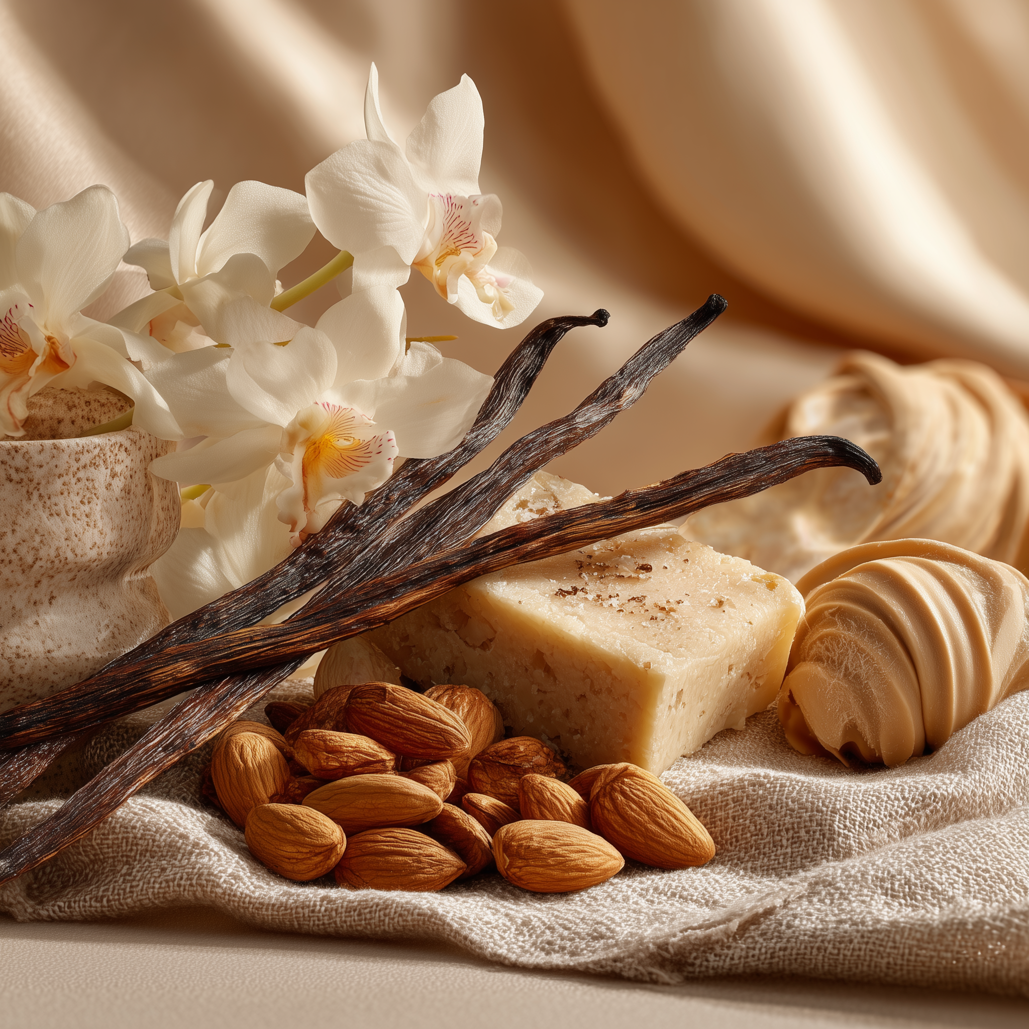 Vanilla beans, almonds, and a bar of soap on a textured surface with flowers in the background.