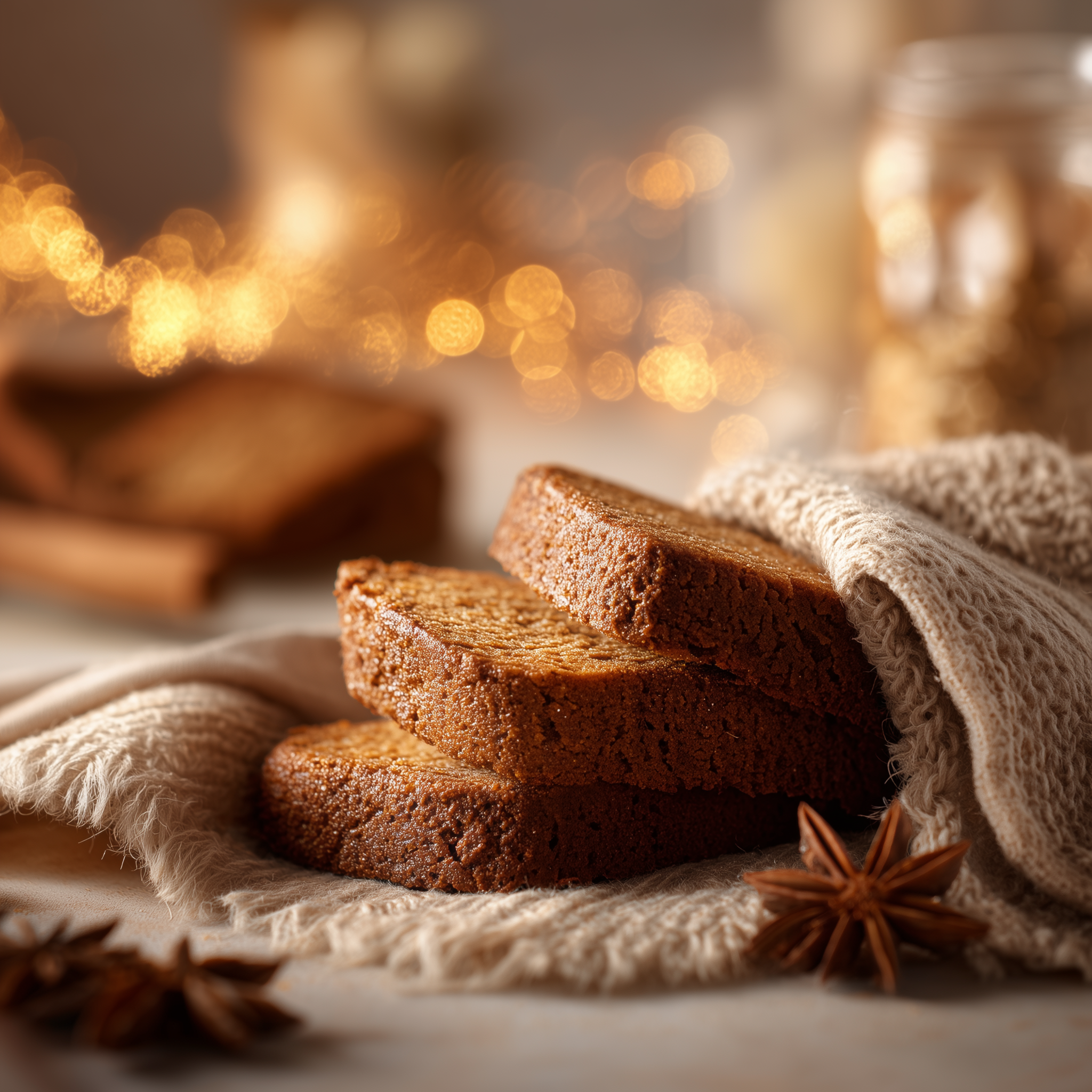 Three slices of gingerbread on a textured cloth with blurred lights in the background