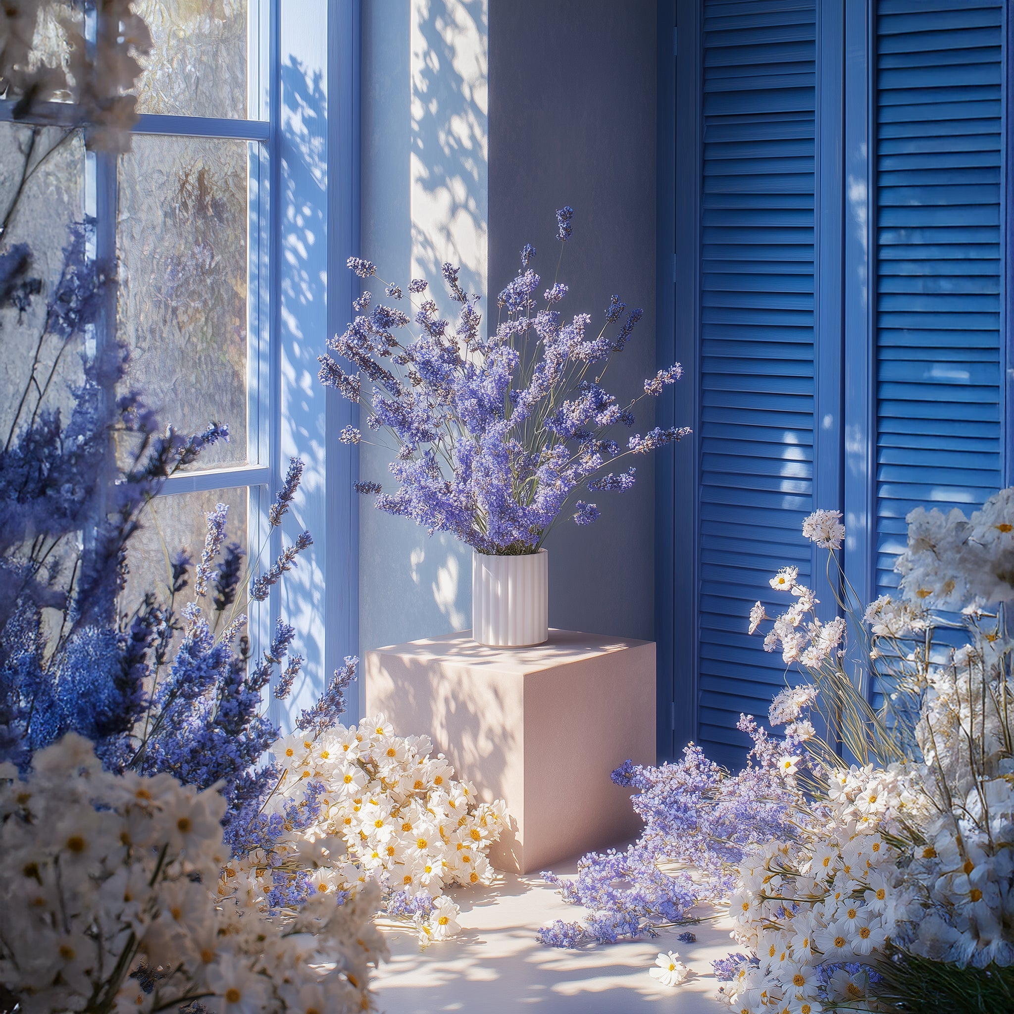 Beautiful displays of lavender and other flowers in a room in front of a painted blue window frame.
