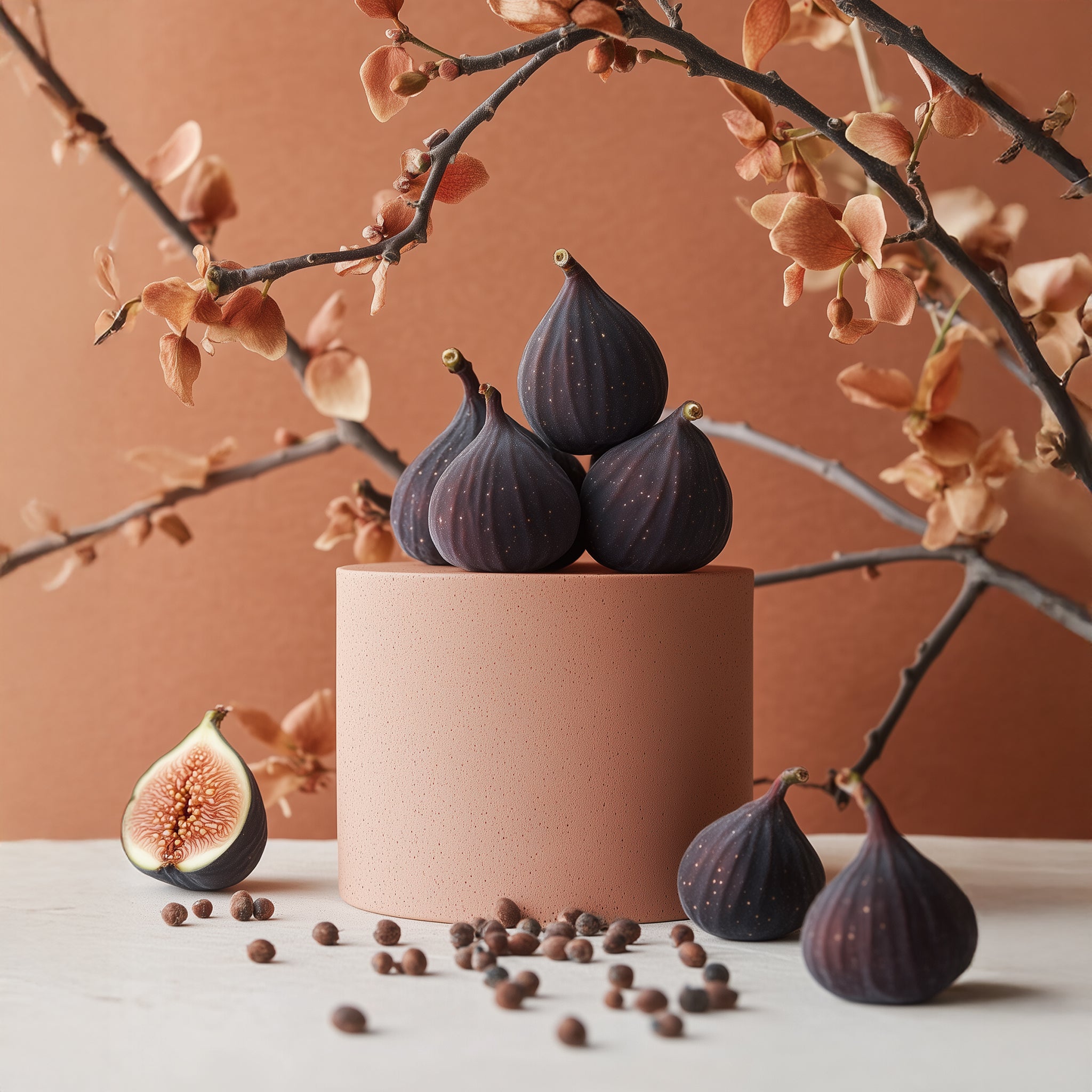 Peachy orange monochrome scene of figs under blossom twigs.