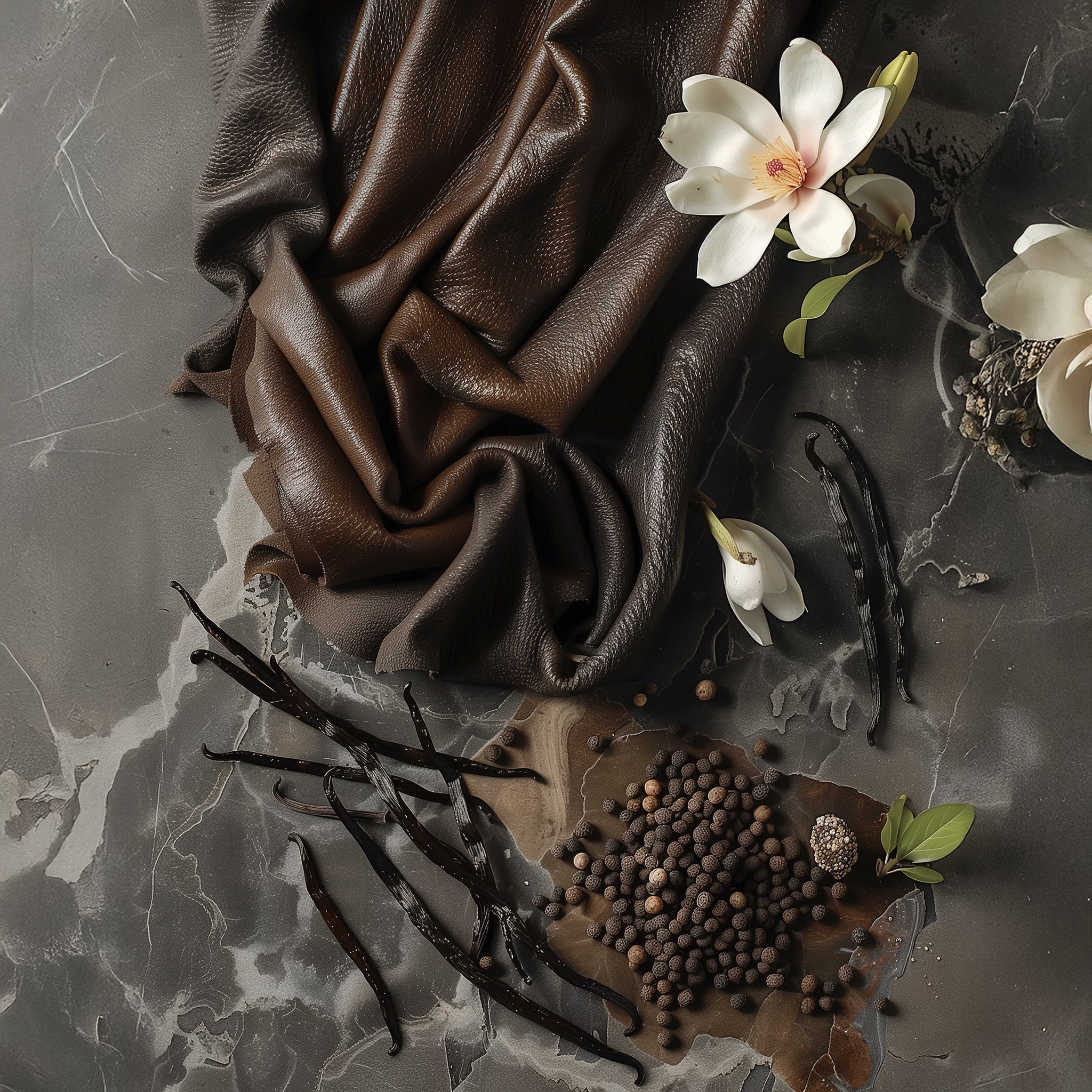 Candle ingredients showing leather, tonka, cedarwood, peppercorns and white flowers.