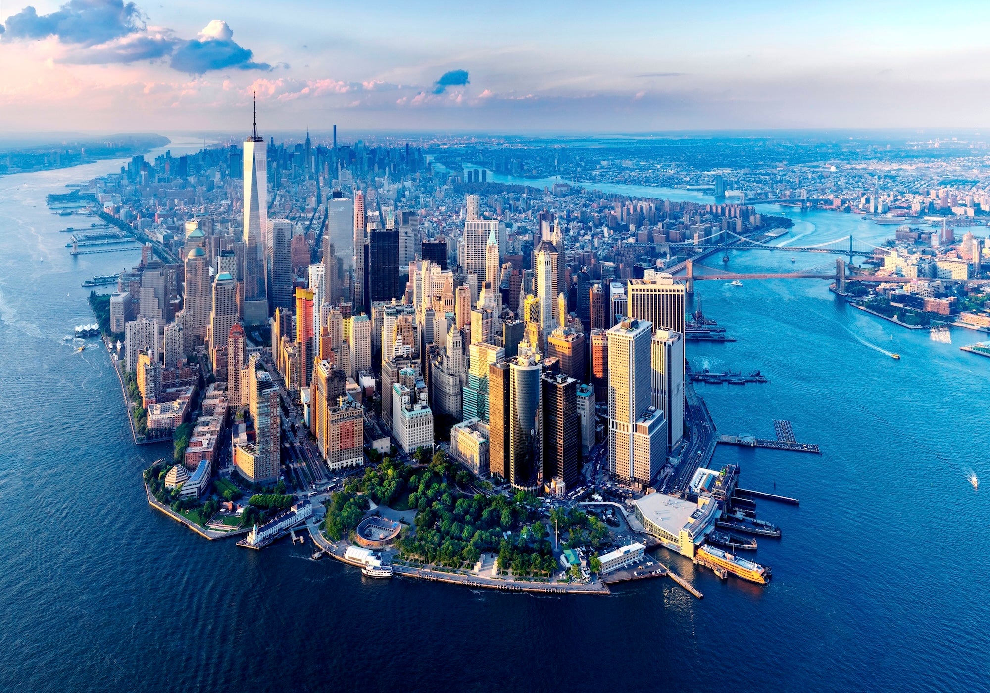 An aerial shot of the skyscrapers on Manhattan Island.