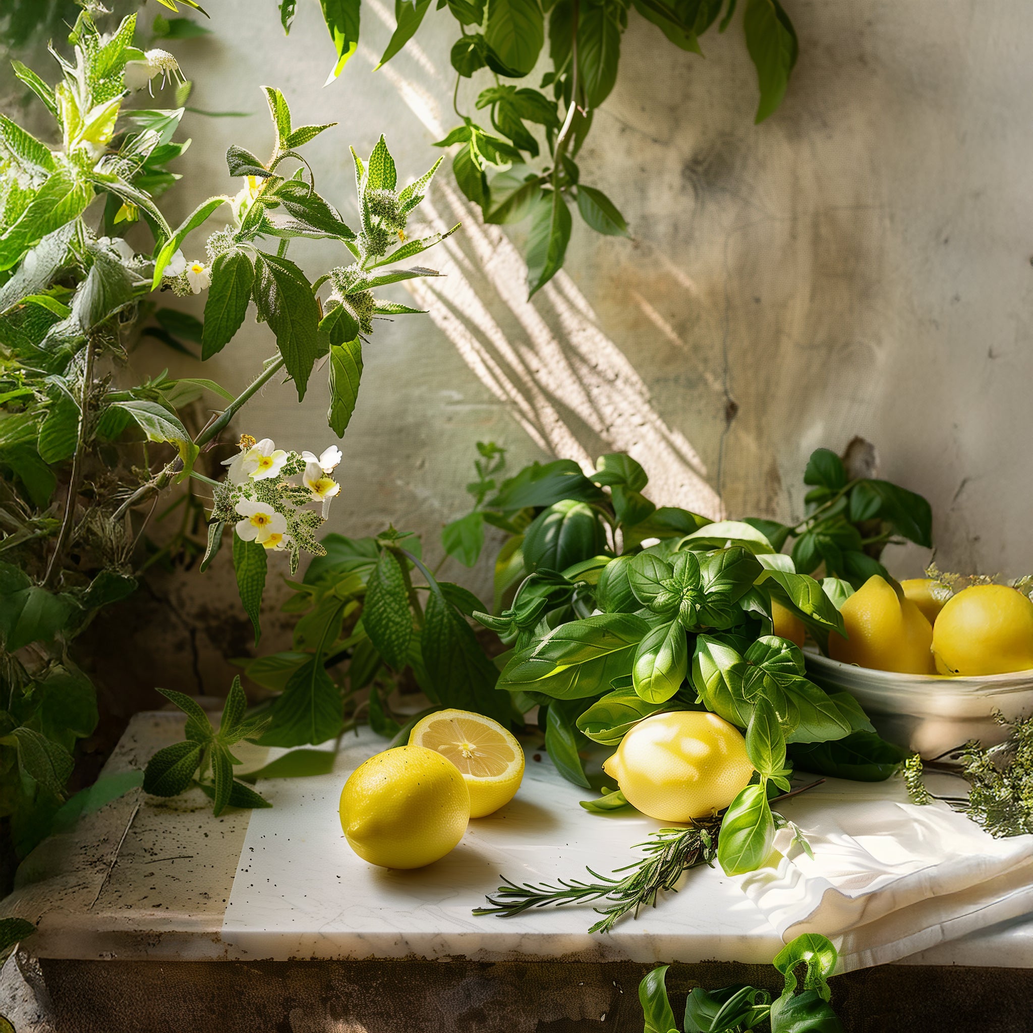 A summer scene of juicy lemons in a bowl and cut in half with basil and mint plants all set on a marble top.