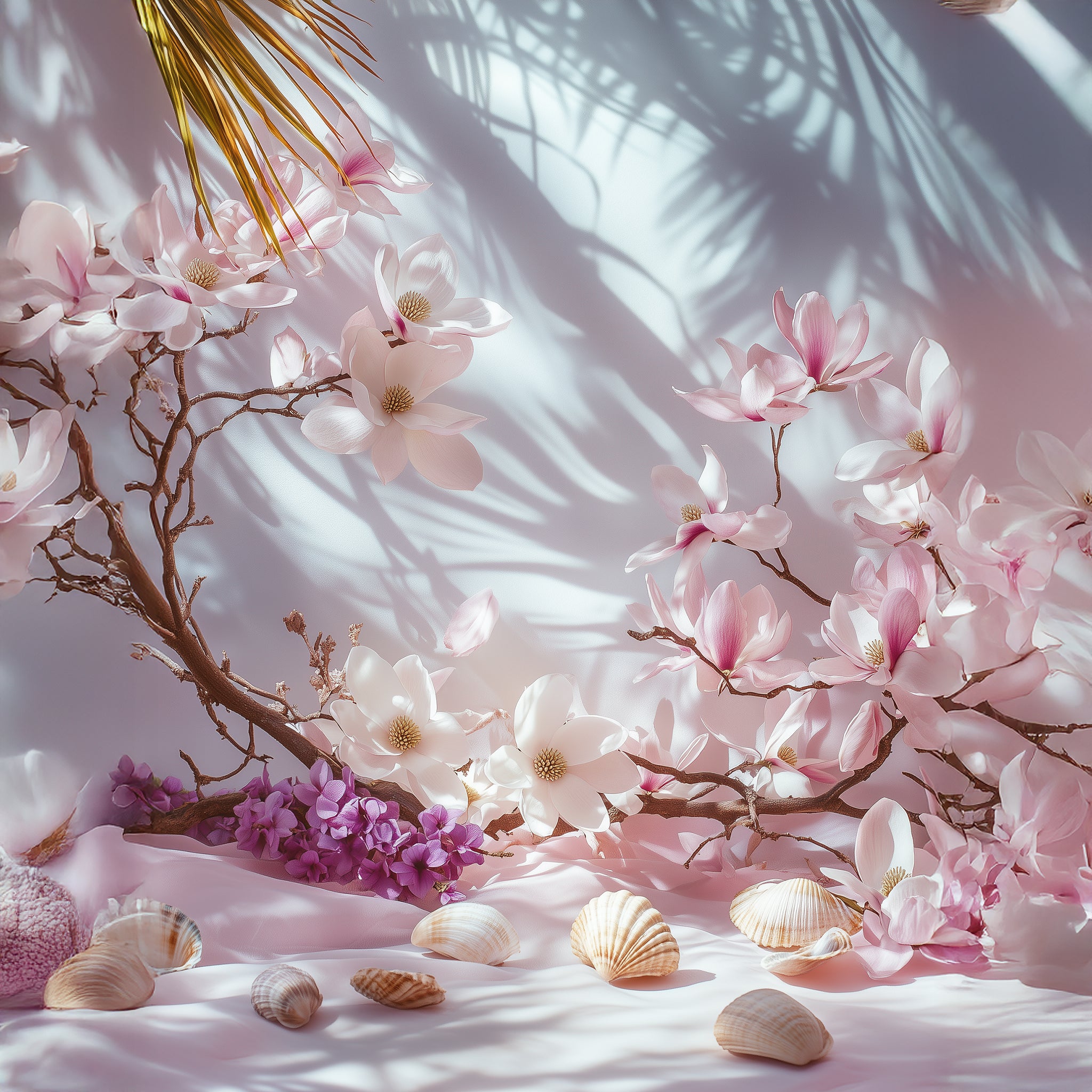 A pastel scene of seashells and flowers in shades of pink