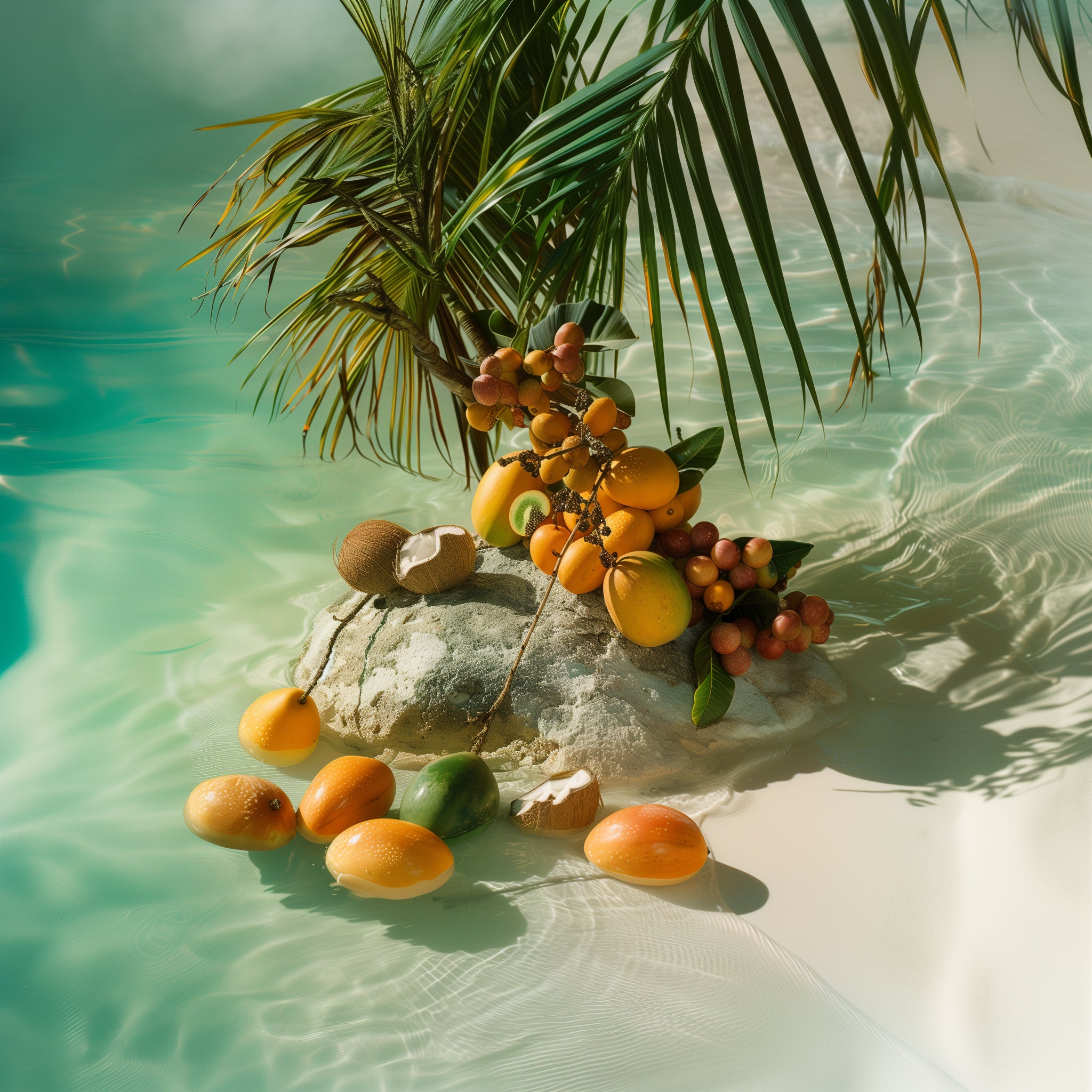 Tropical beach scene of turquoise water and white sand with palm fronds and mangoes, passion fruit and coconut shells on a large rock.