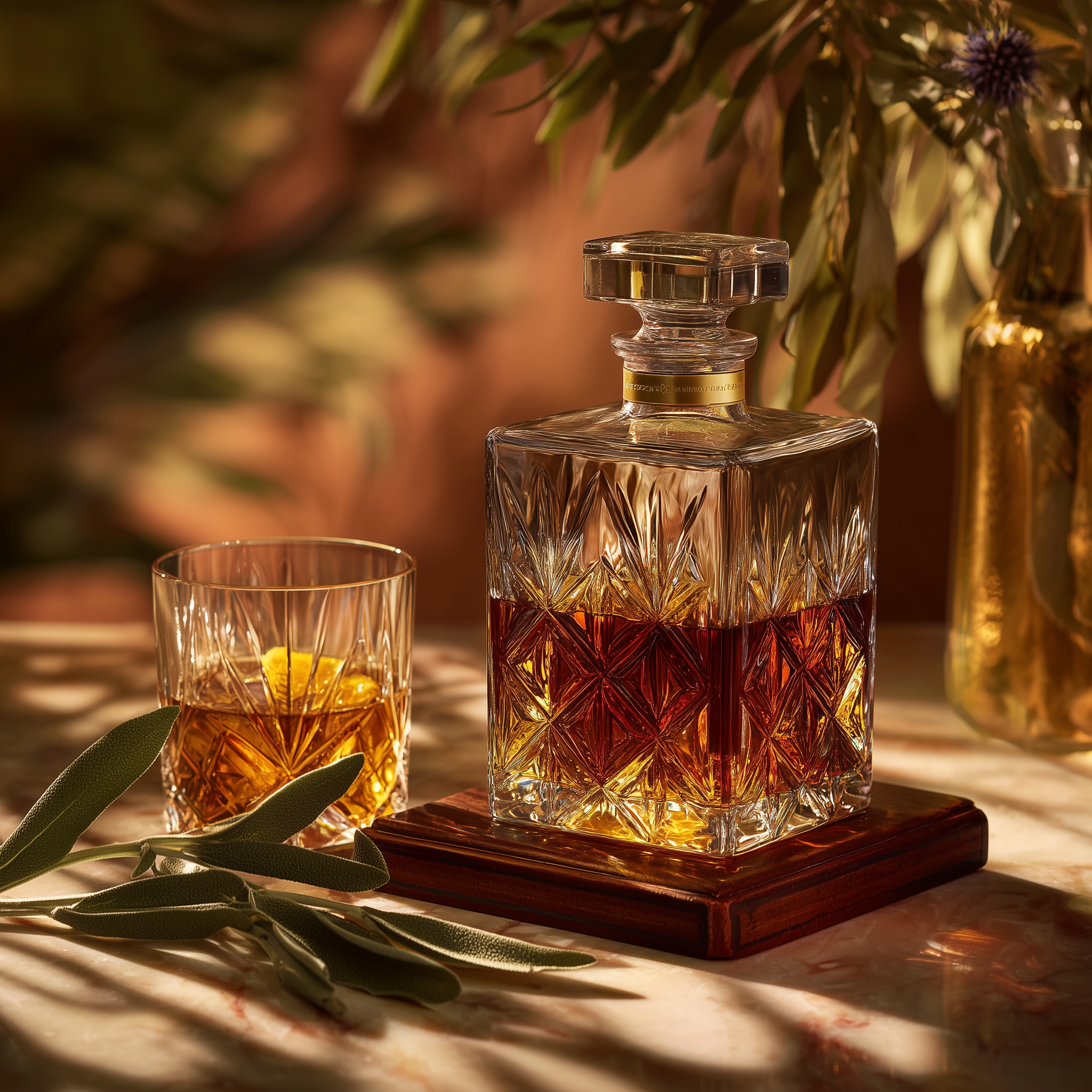 Crystal decanter and glass with whisky on a wooden surface with plants in the background