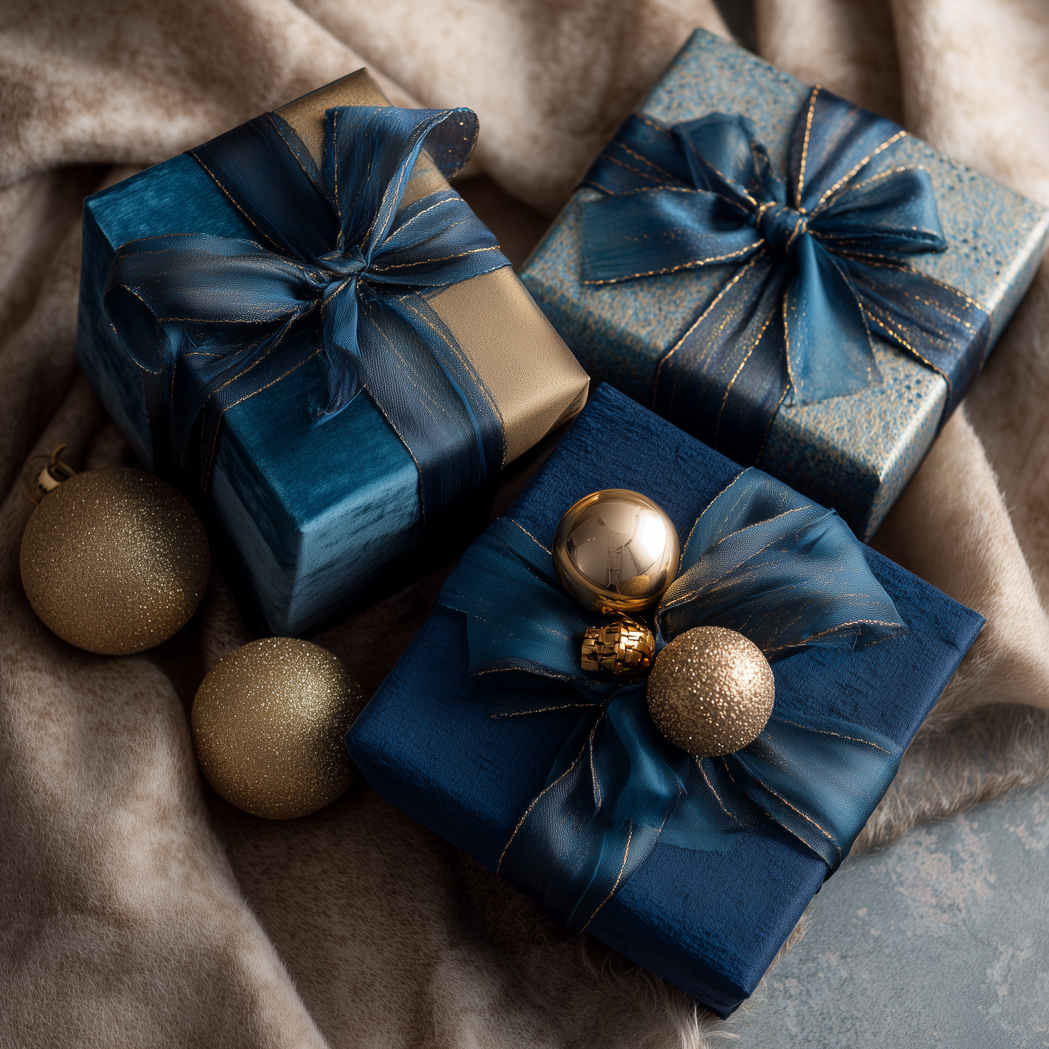 Three blue gift boxes with gold ribbons and ornaments on a textured surface