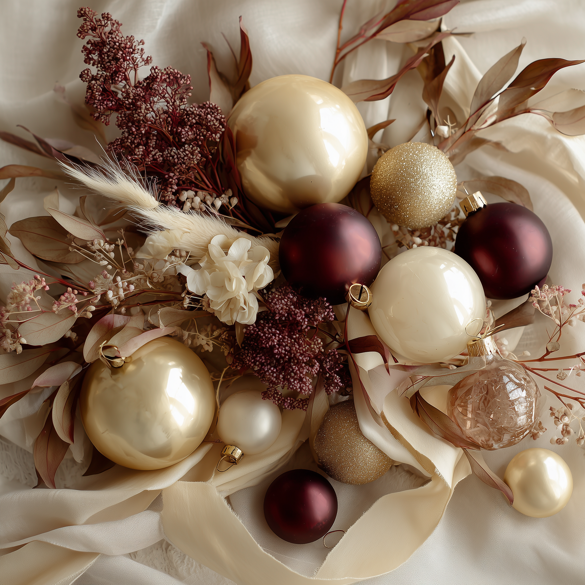 Decorative arrangement of ornaments and flowers on a textured surface