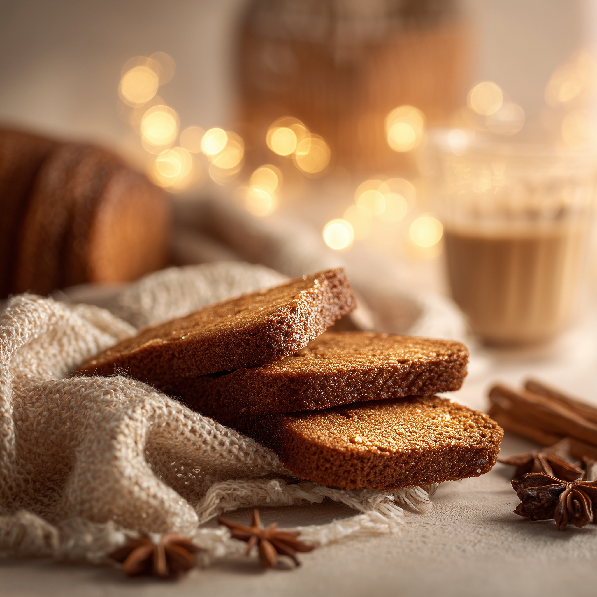 Spiced gingerbread on a textured fabric with blurred lights and a glass of coffee in the background