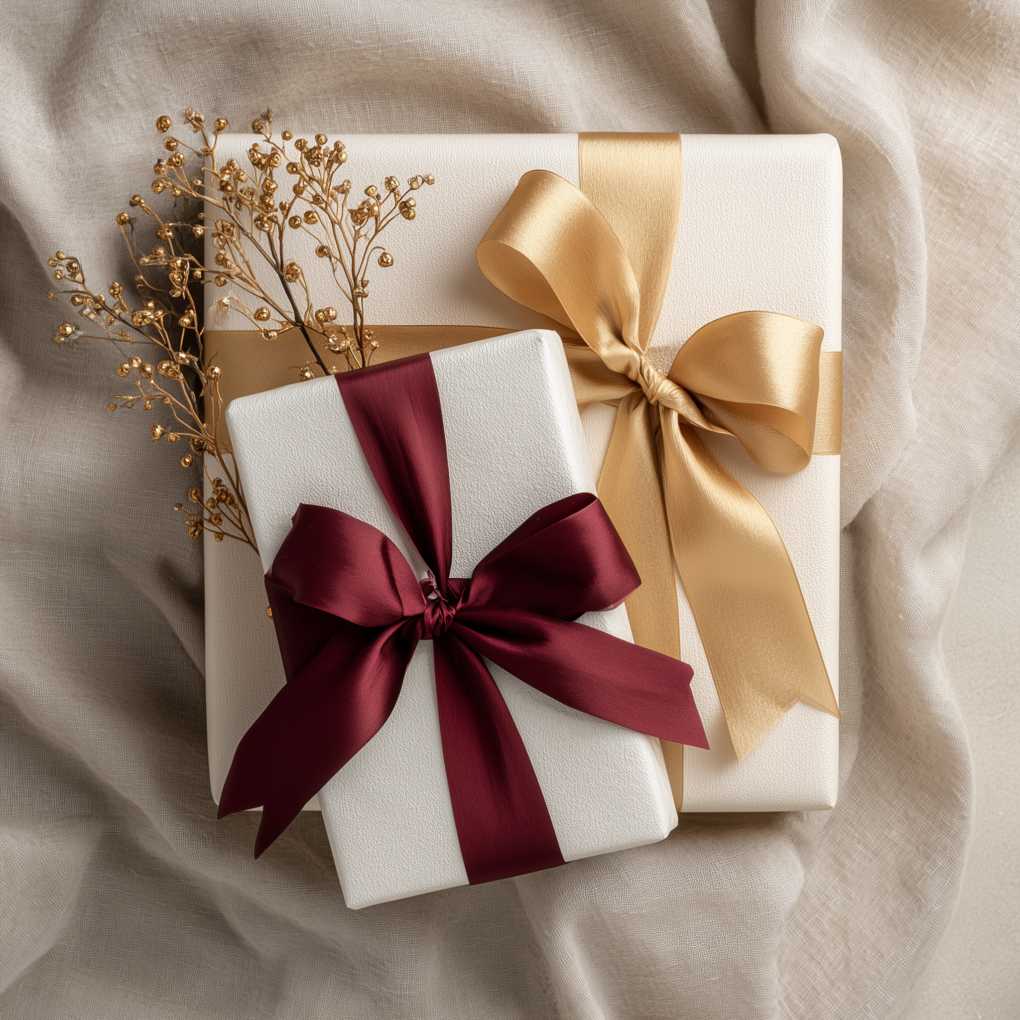 Two gift boxes with red and gold ribbons on a beige fabric background