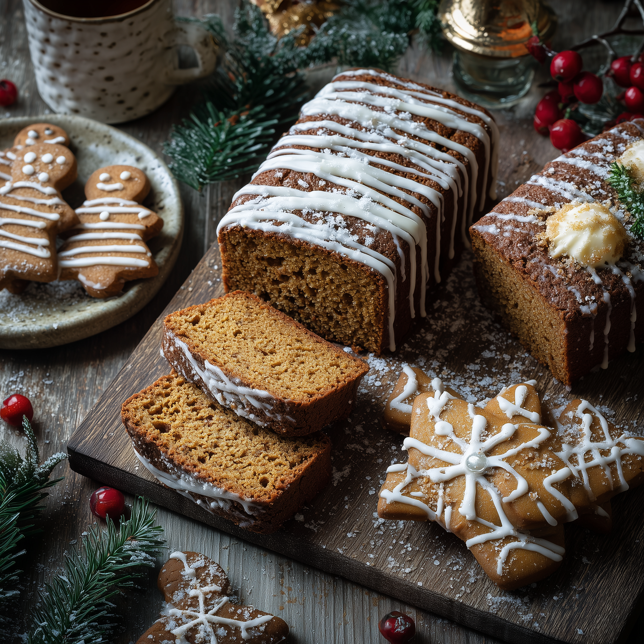 Loaf of gingerbread cake with icing, sliced, and decorated cookies on a wooden board with festive decorations.