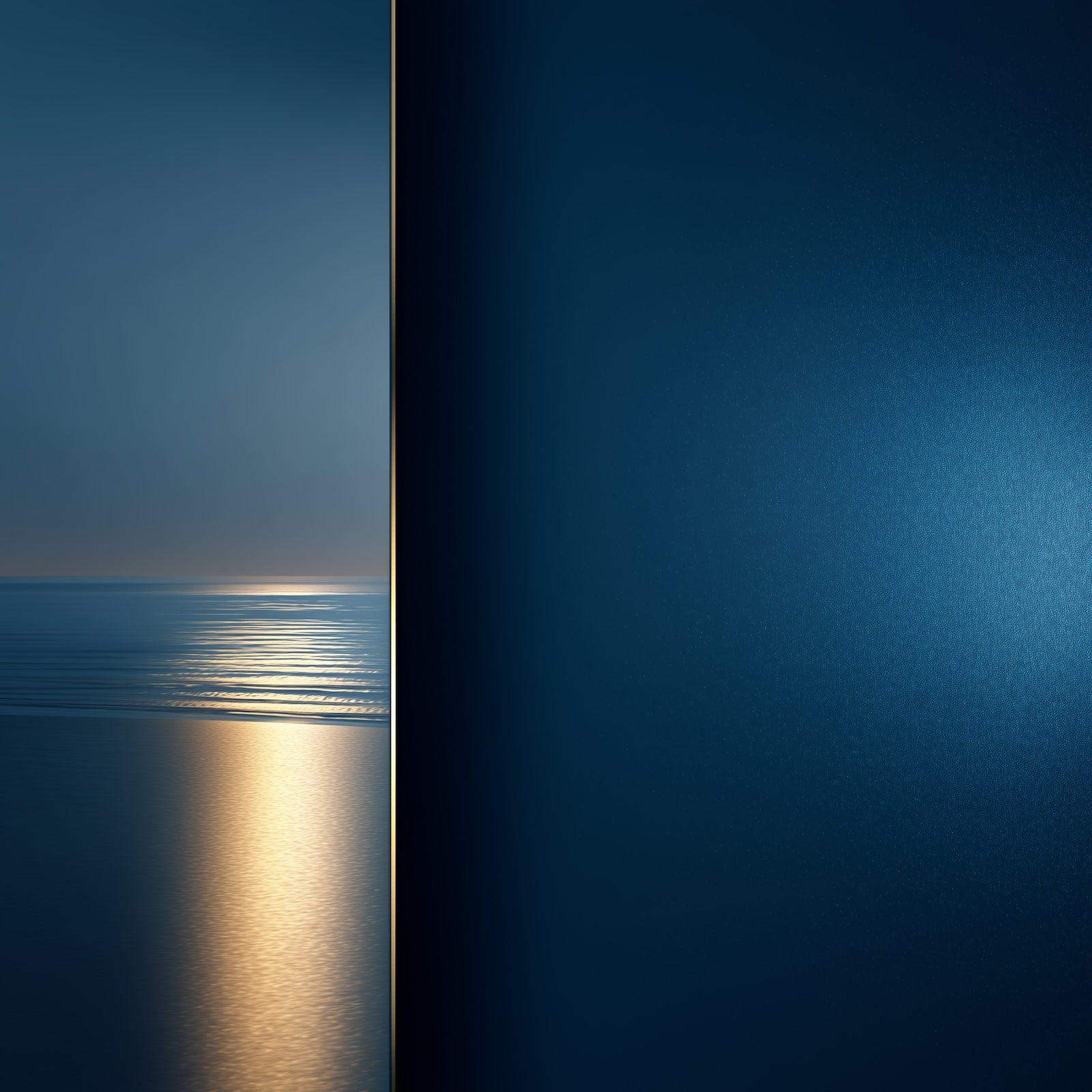 Two panels of blue, one with a reflective water surface and the other solid blue.