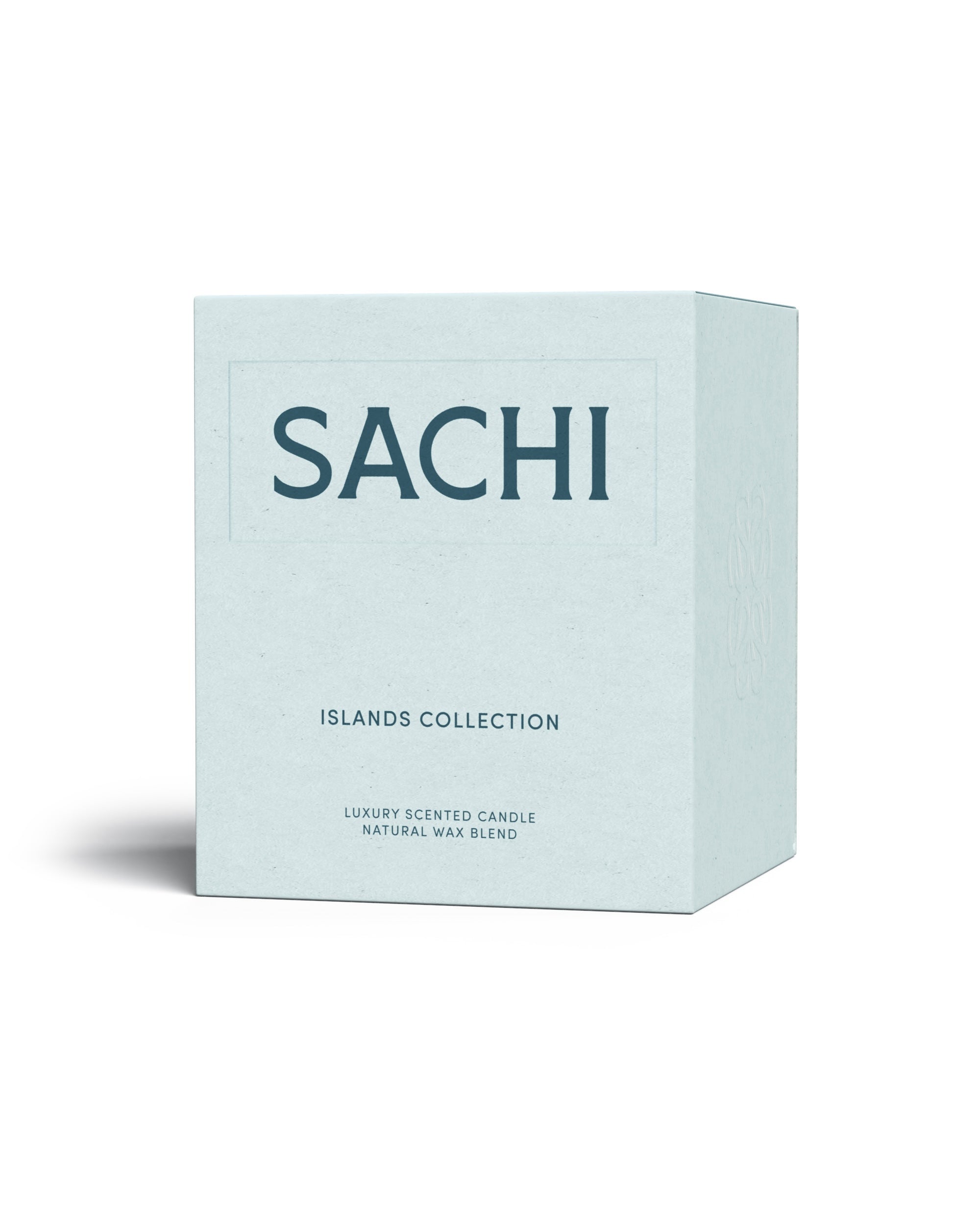 A rectangular cardboard candle box in mint branded SACHI and belonging to the Islands Candle Collection. On a white background.