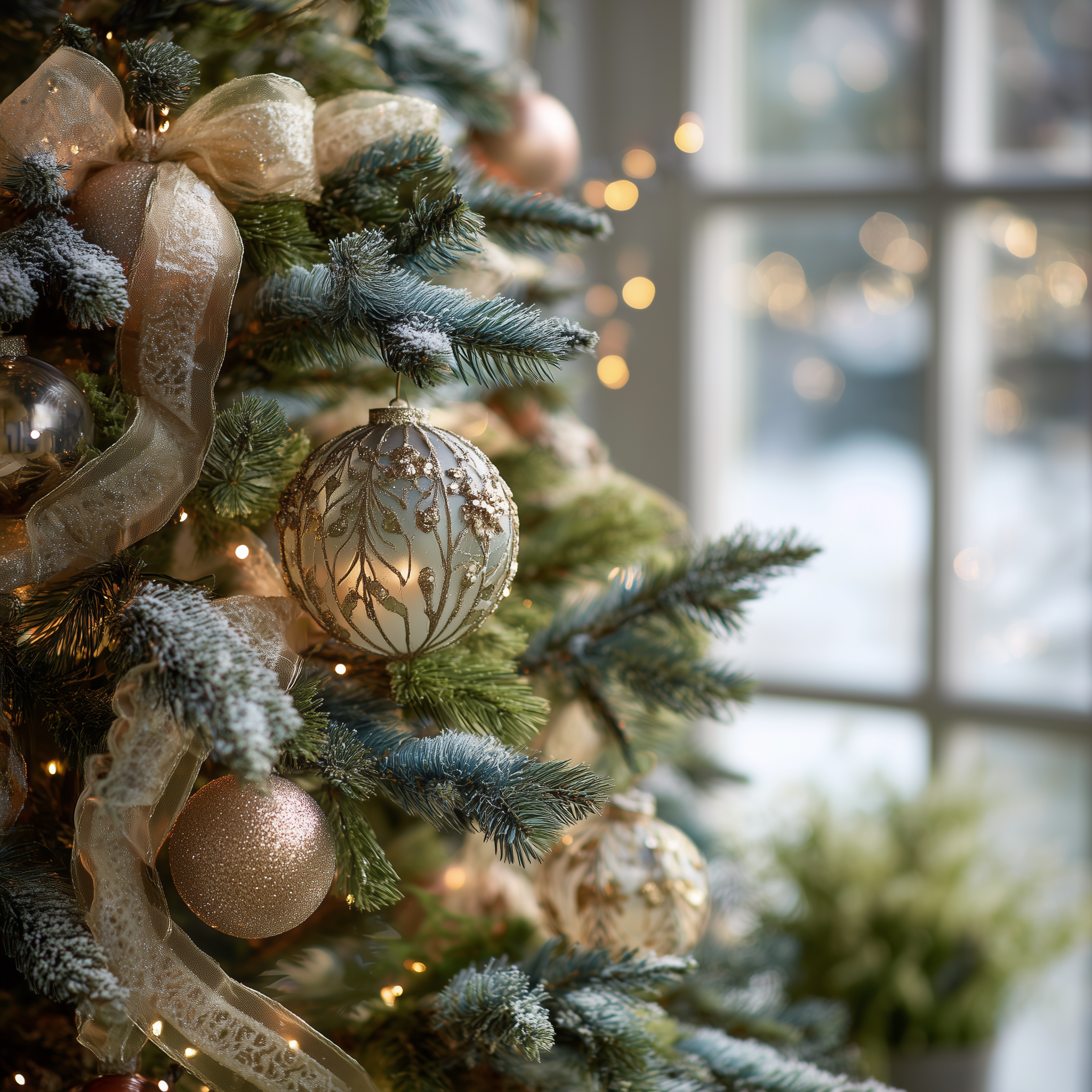 Decorated Christmas tree with ornaments and ribbons in a softly blurred indoor setting