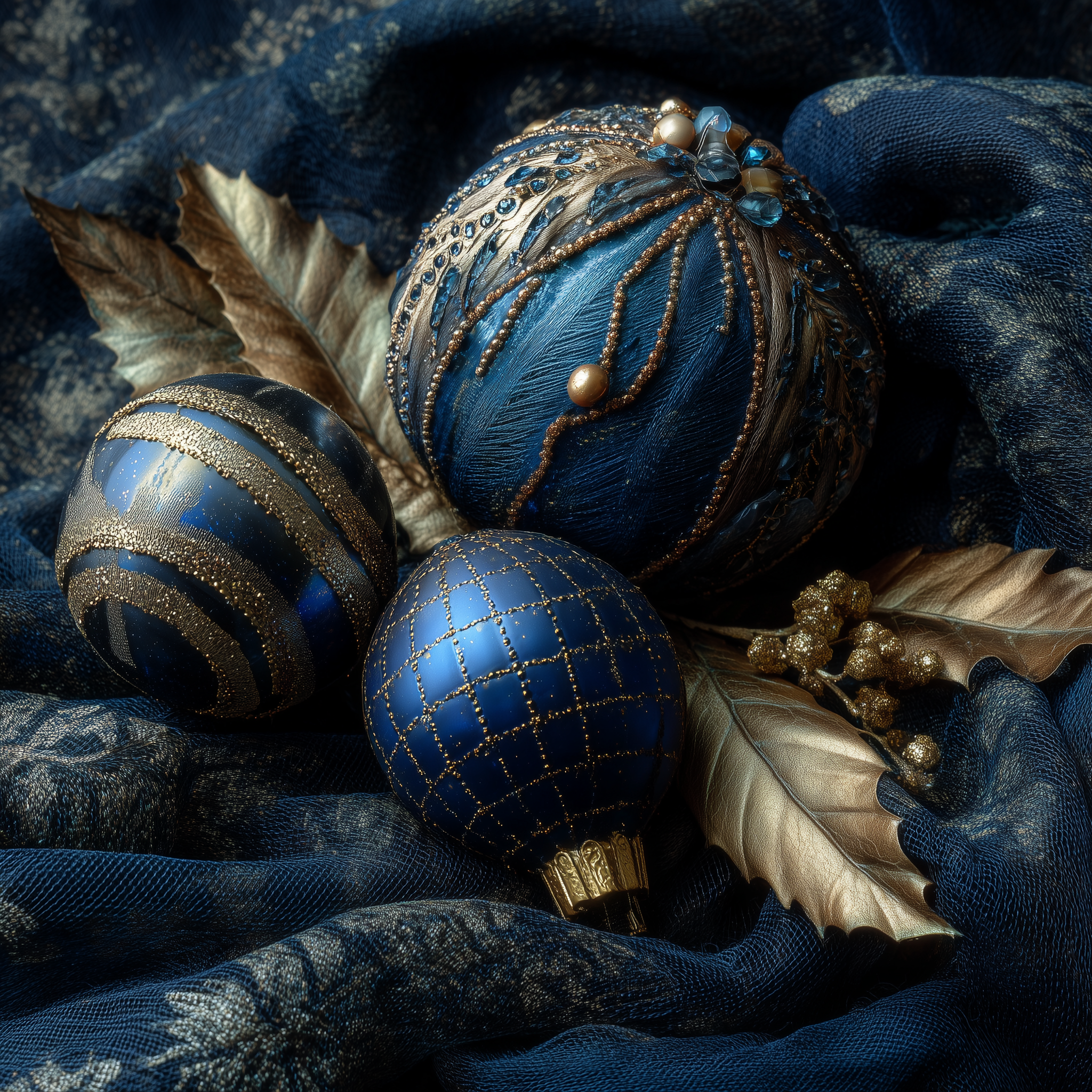 Decorative blue ornaments with gold accents on a textured blue fabric background