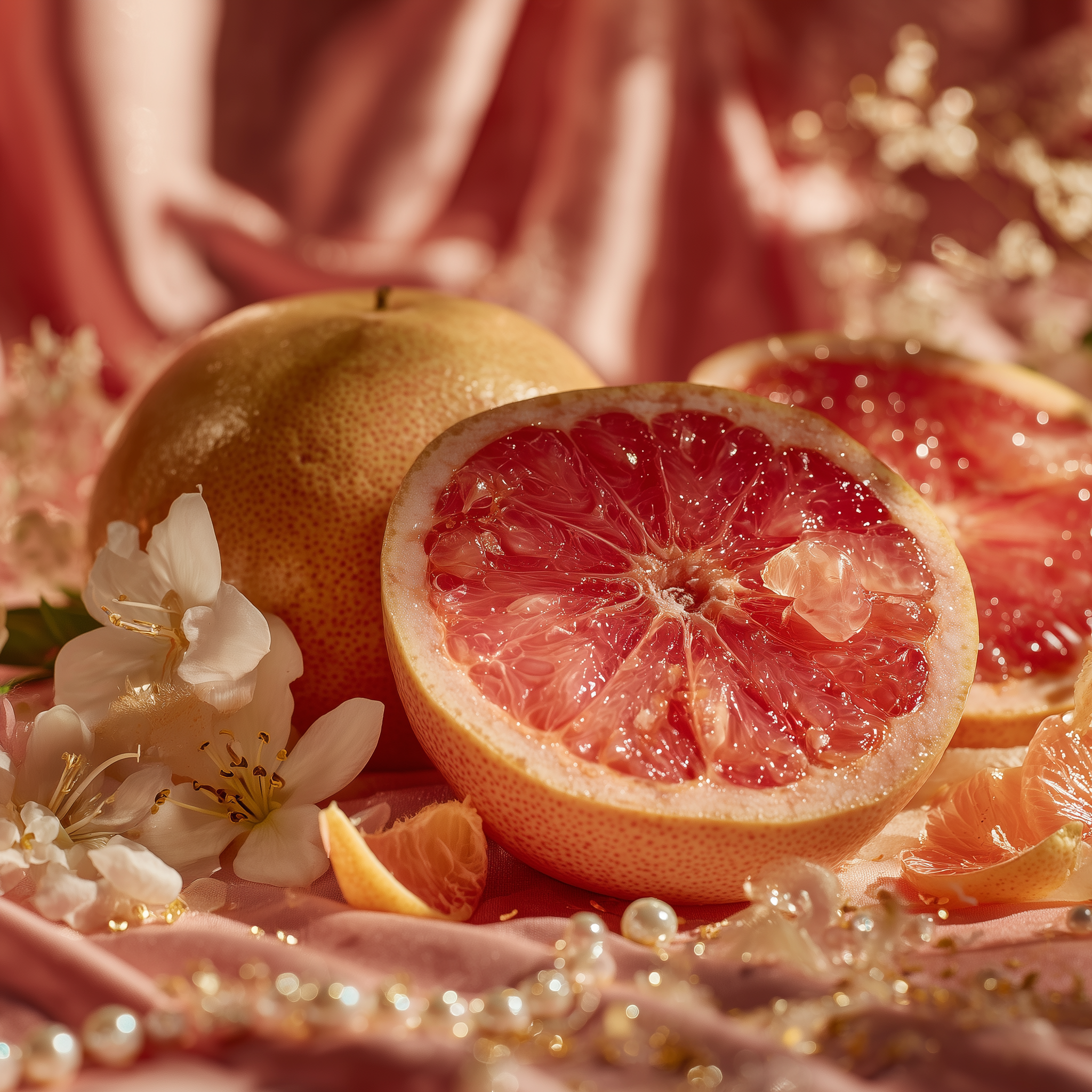 Sliced pomelo with jasmine flowers and pearls on a pink fabric background