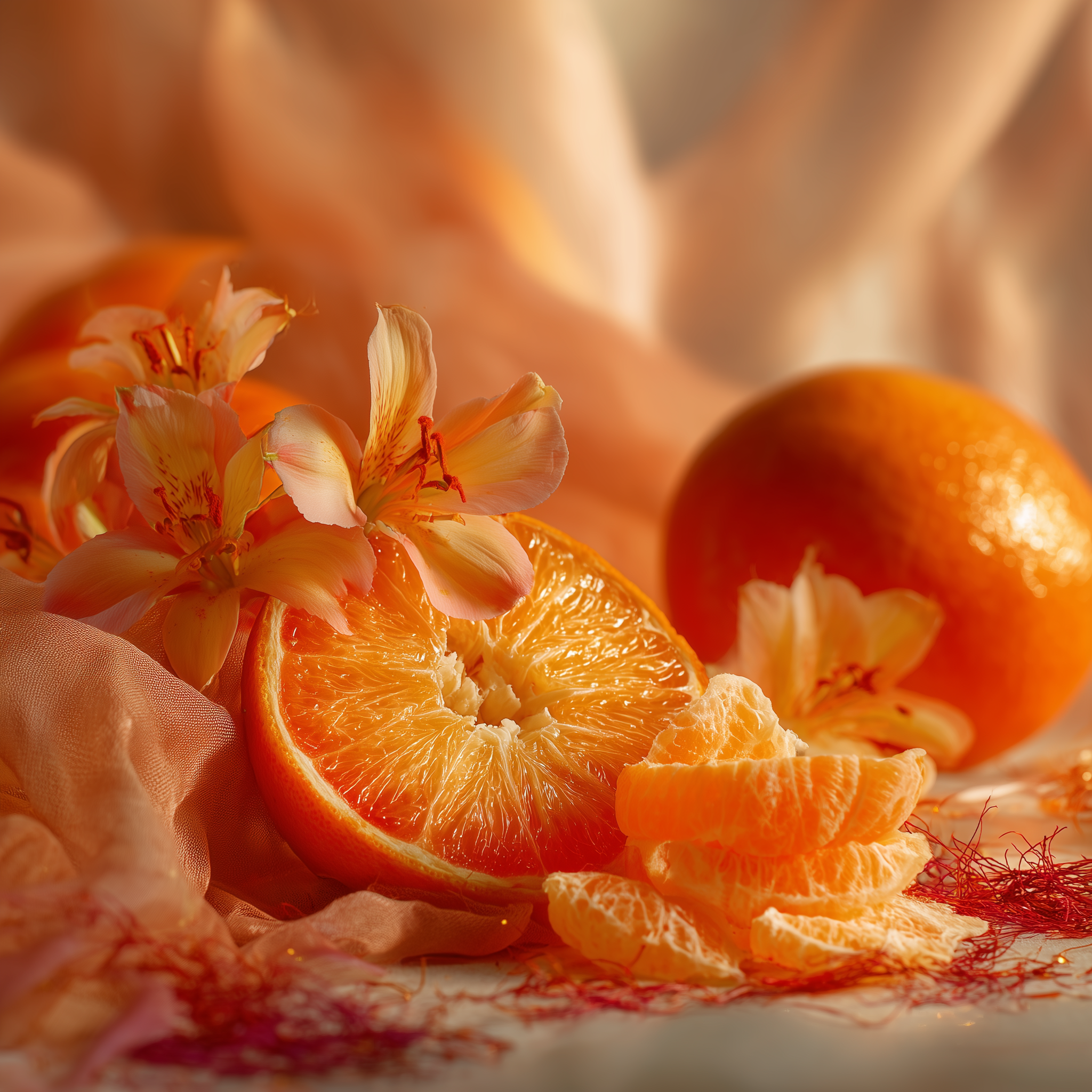 Oranges with slices and flowers on a soft background