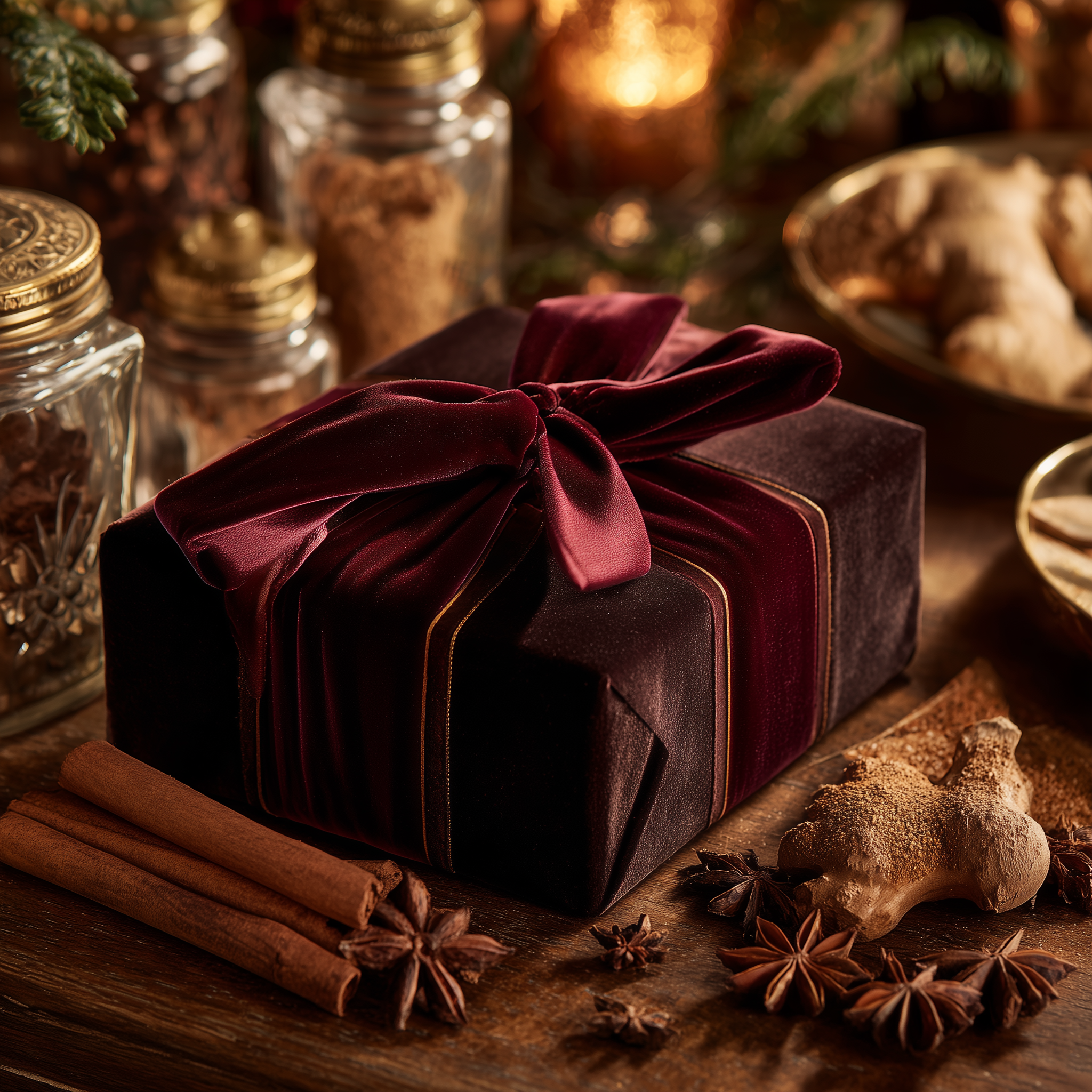 Gift wrapped in velvet with a red ribbon on a wooden table with spices and star  anise.