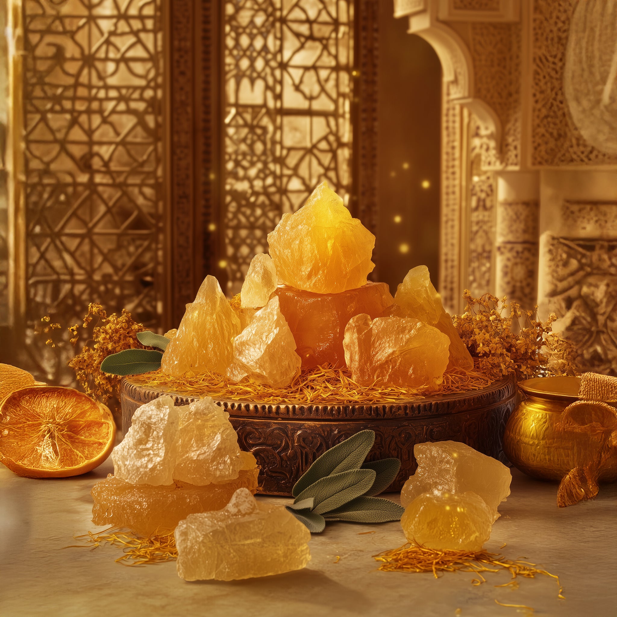 Golden souk vibes of amber crystals and myrrh.