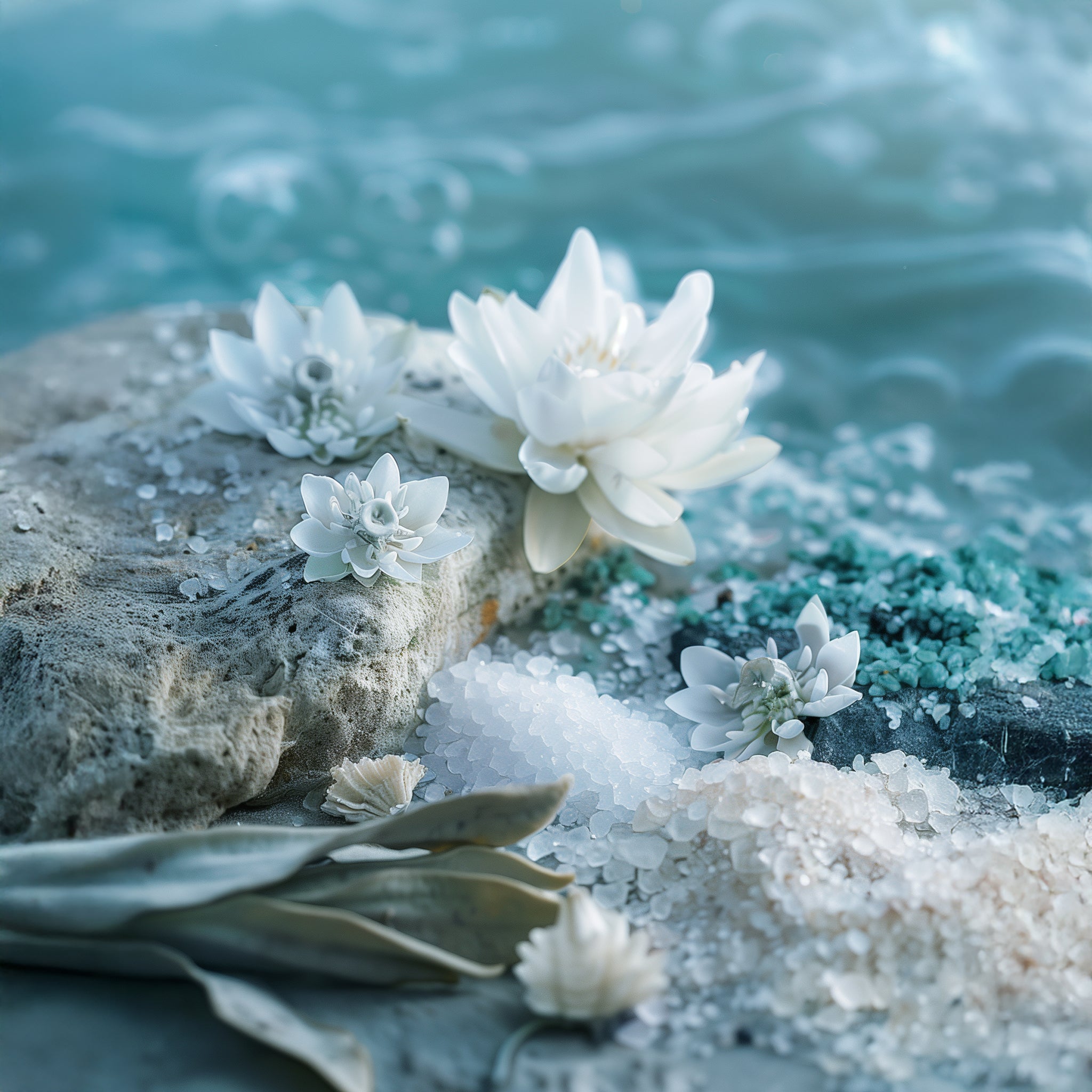Beach themed scene with water in the background and a close up of sand crystals and white flowers.