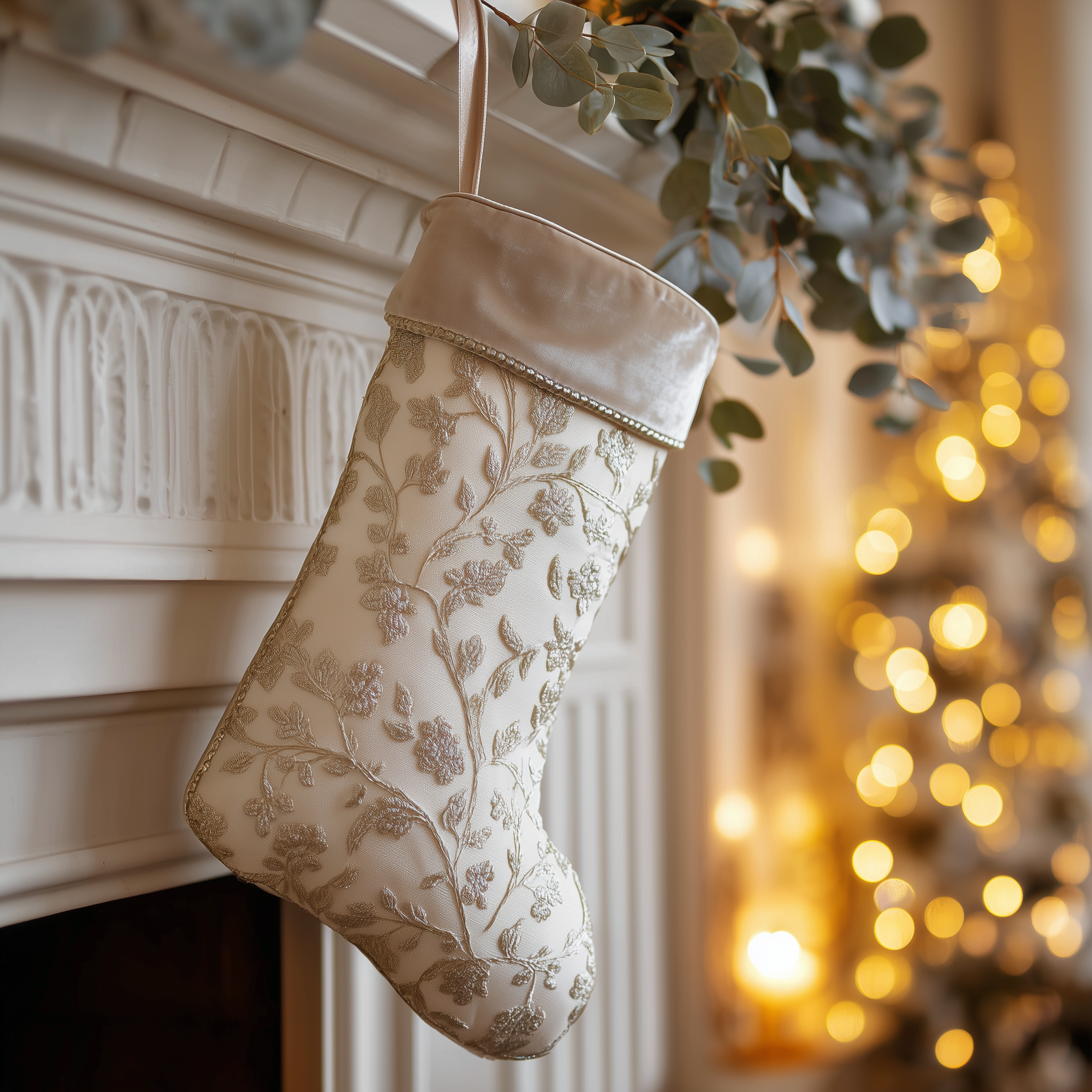 Decorative Christmas stocking hanging by a fireplace with a blurred Christmas tree in the background.