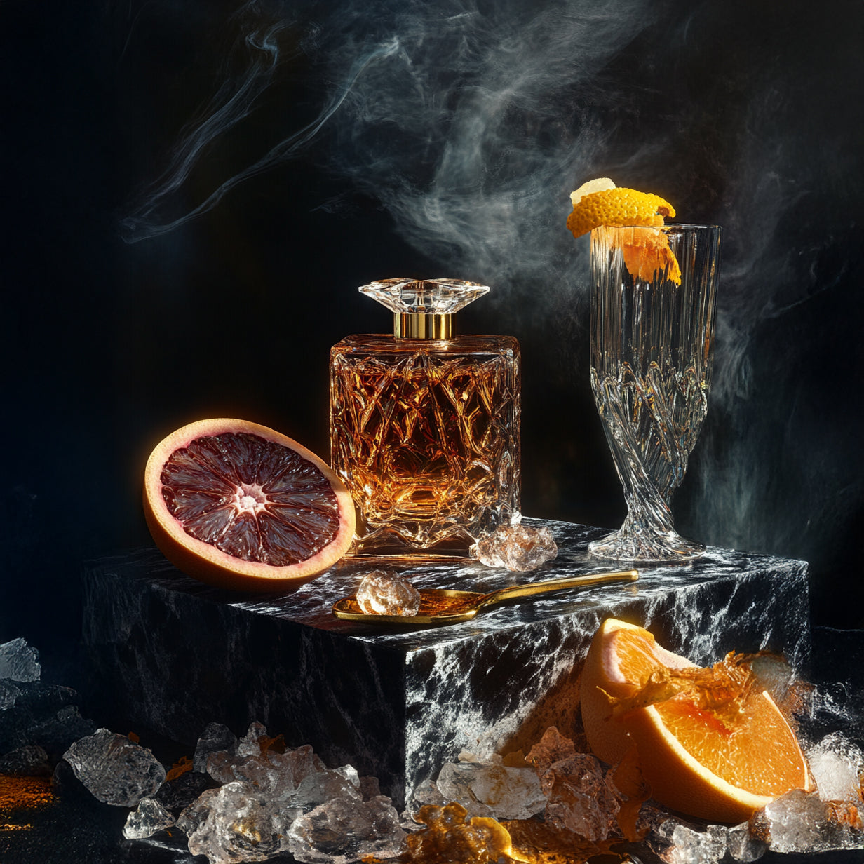 A punchy scene of orange and black with orange sliced citrus fruits and peel, with crystal decanter and glass and plumes of smoke in the background.