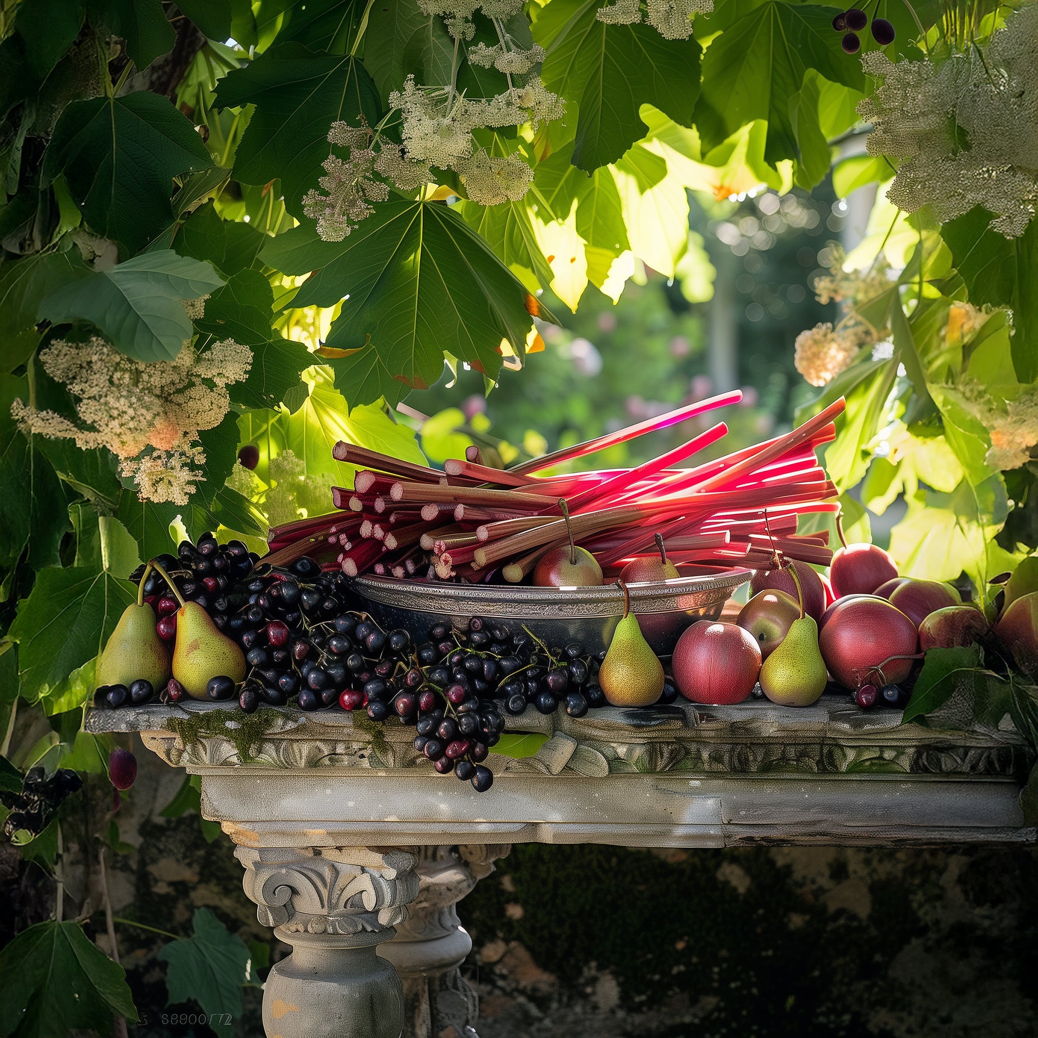 A stone bench framed with large green leaves surrounding pears, apples and rhubarb on the bench