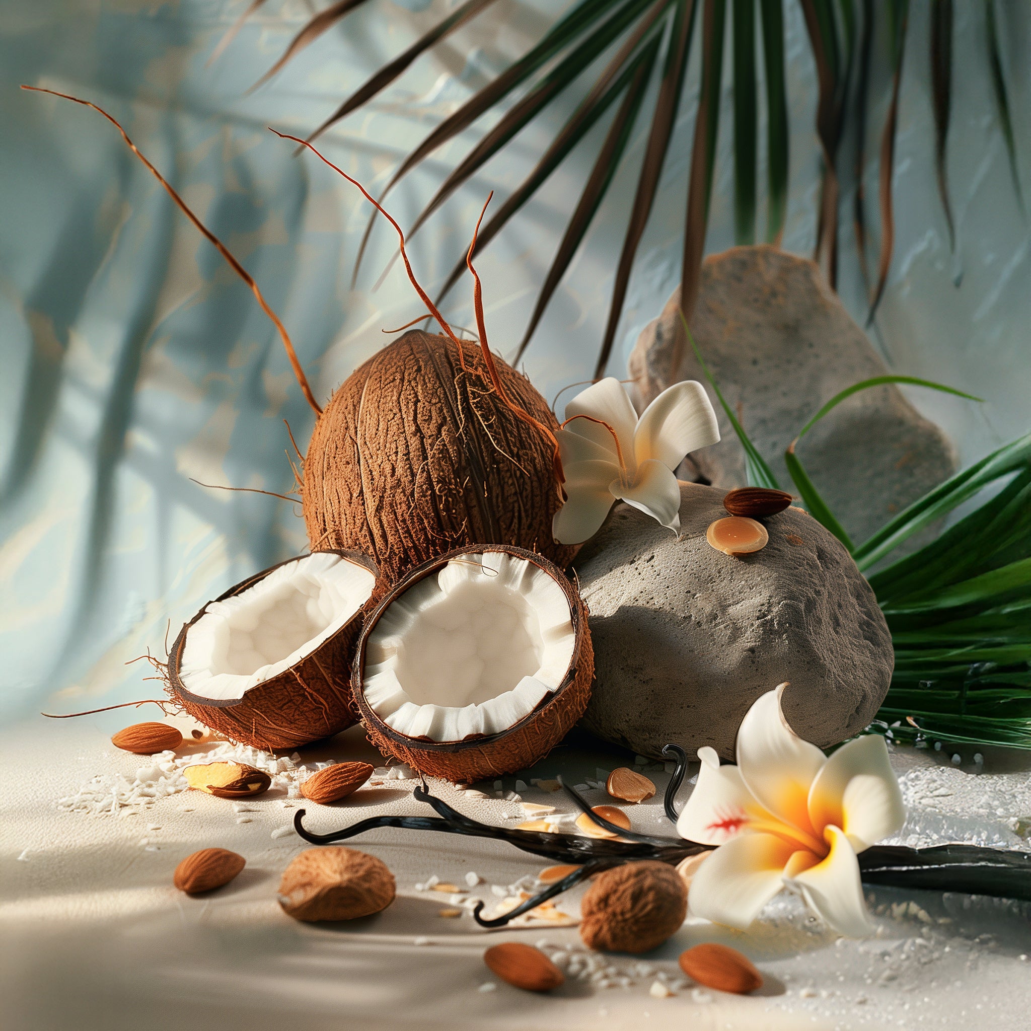 A tropical scene of candle ingredients including coconut, vanilla beans and ylang ylang under a palm frond.